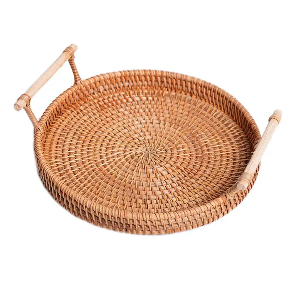 
Round Storage Tray Bread Basket Rattan Woven Storage Snack Fruit Plate Hotel Essential Oil Tray With Handle For Serving Dinner 