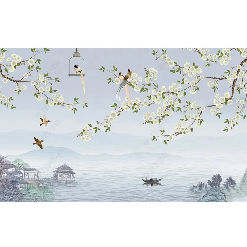 Customized HD Hot Sale Spring River Flower and Bird Picture Living Room TV Background Wallpaper