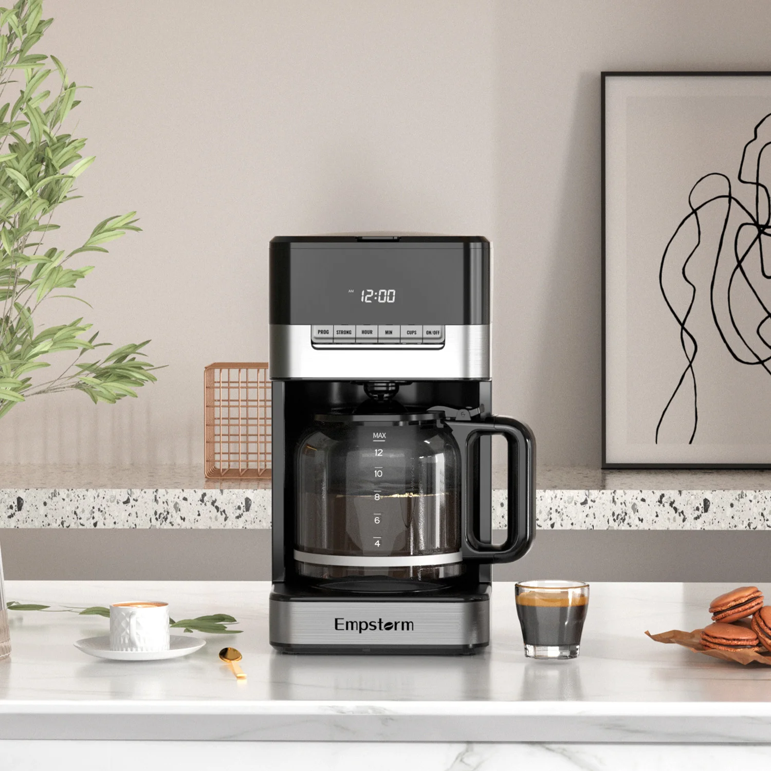 Empstorm new product semi-auto instant dripping regular 12cups glass pot new coffee makers machines with complete accessories