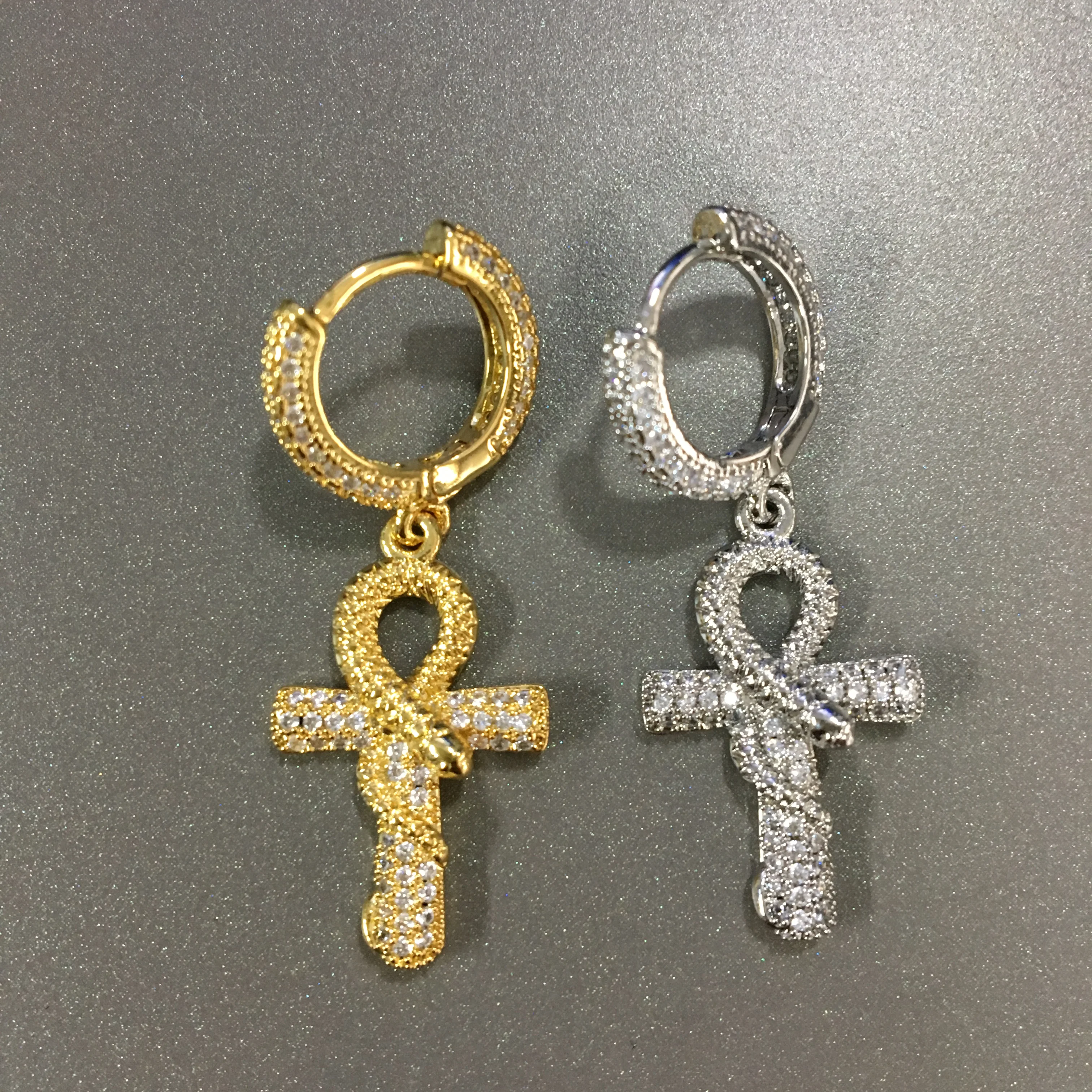 Wholesale Ready-to-Ship Fine Jewelry Earrings iced out Cubic Zirconia Cz Ankh Snake Earrings Cross Stud
