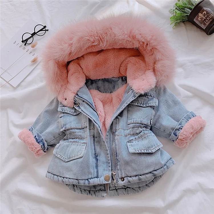 Toddler Jacket Hooded Faux Fur Fleece Thick Denim Coat Outwear Fashion Warm Costume
