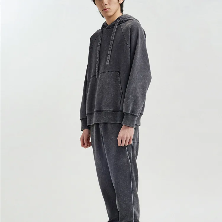 Wholesale Custom Made High Quality Private Label Logo Blank Mens Acid Wash Hoodies Set