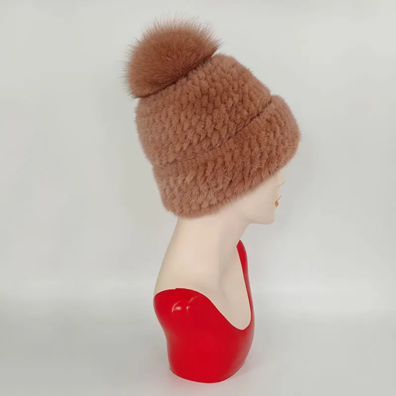 Mink Fur Knit Hat Fur Hat With Fox Fur Ball For Women Winter Warm Mink Hat