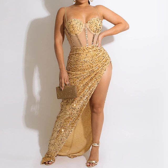 GX5843 Wholesale elegant women casual dresses sleeveless fashion sequin mesh perspective irregular split party dress women