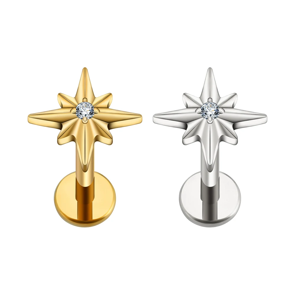 Right Grand ASTM F136 Titanium 16G Sparkling cubic zirconia North Star Stud Earring Labret Ring Cartilage Helix Piercing Jewelry
