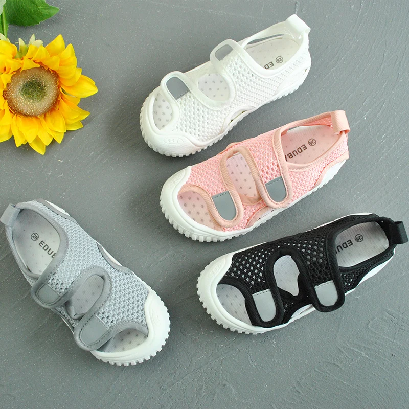 Серая детская обувь, оптовая продажа, плоская обувь, вязаная сетчатая ткань, детская повседневная обувь для лета