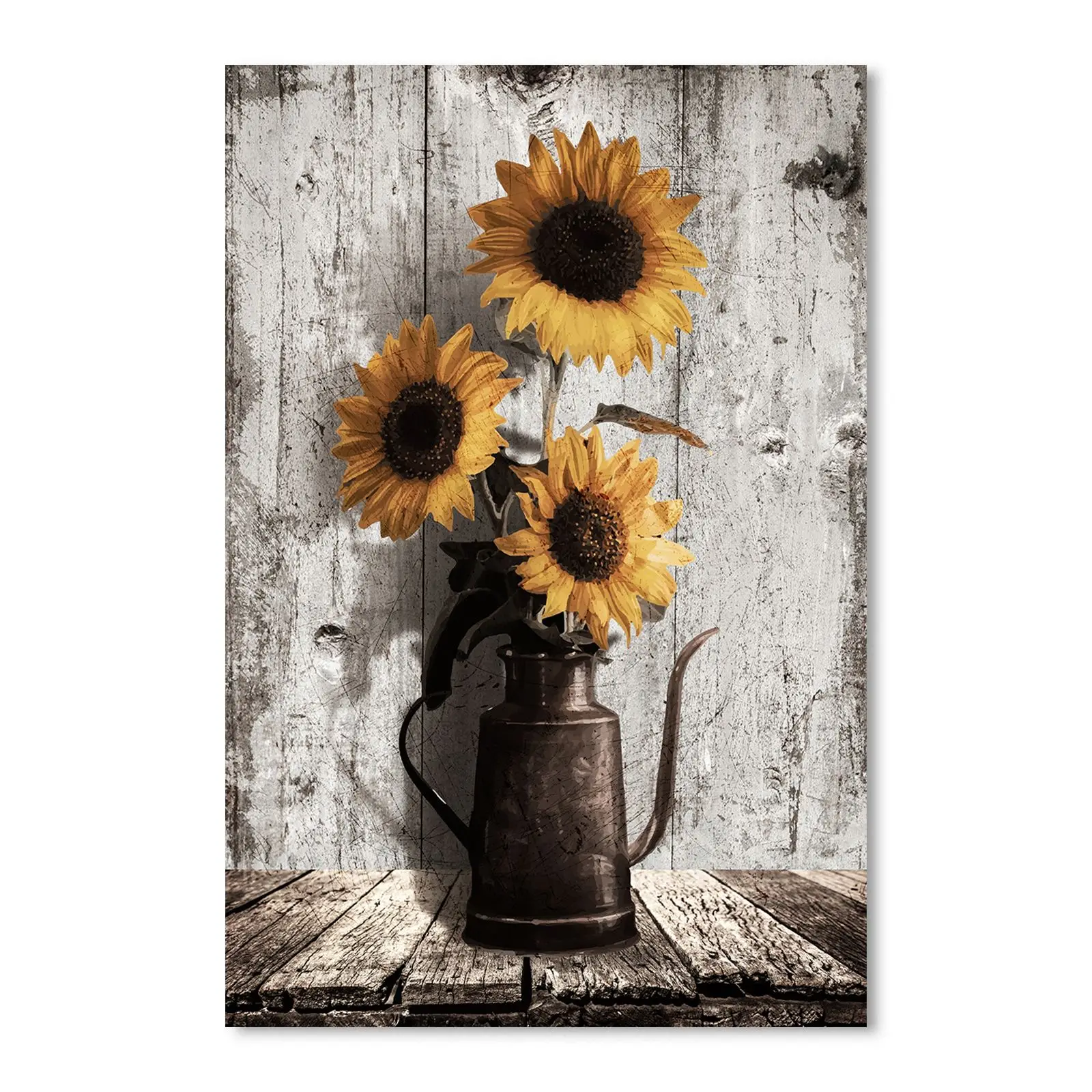 Wood Grain Framed Rustic Farmhouse Yellow Flower Acrylic Painting of Sunflower