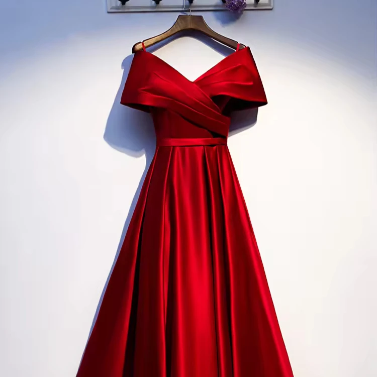 deep-v off shoulder A line red satin pleat elegant ethos slim prom dresses evening dress