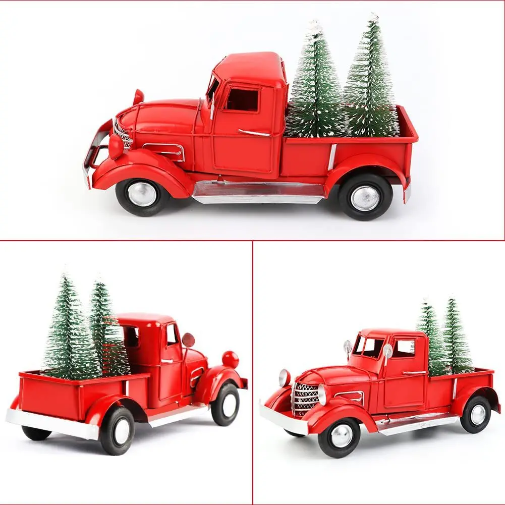 Xmas Metal Crafts Kid Toy Navidad Vintage Christmas Red Metal Truck With Christmas Tree Decoration