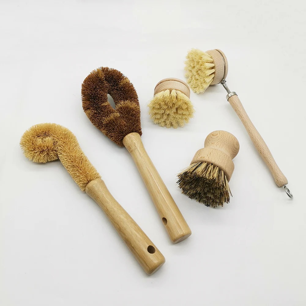 WanuoCraft Reusable Mini Bamboo Handle Coconut Sisal Scrub Brush Eco Wood Kitchen Brush Set Wooden Kitchen Dish Scrubbers