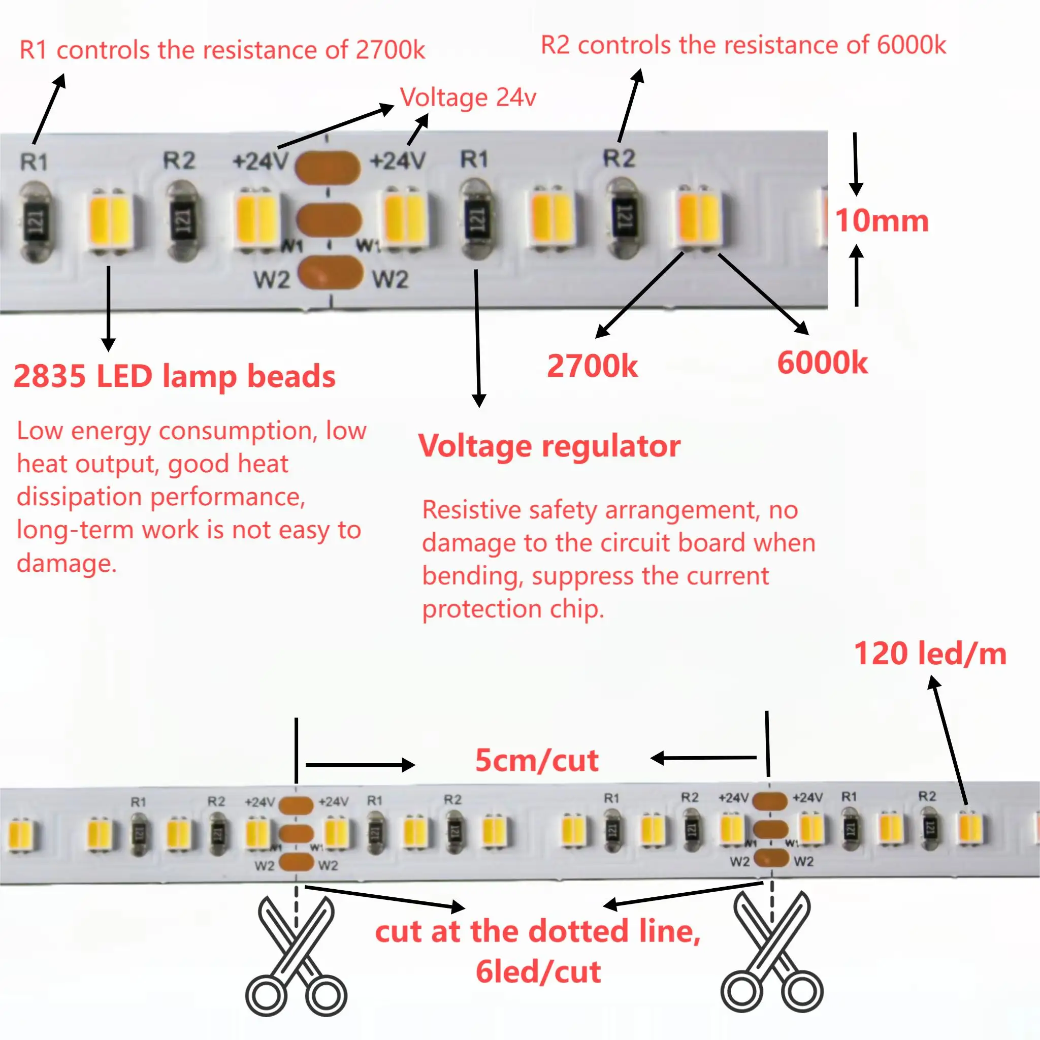 Best Quality low voltage 10mm WW CW two colors SMD 2835 LED Strip Indoor CCT for Furniture Decoration