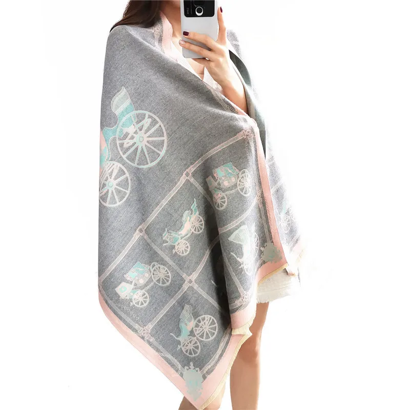 New Design Winter Double Sided Ladies Horse Carriage Cashmere Scarves Thick Warm Pashmina Scarf Shawl