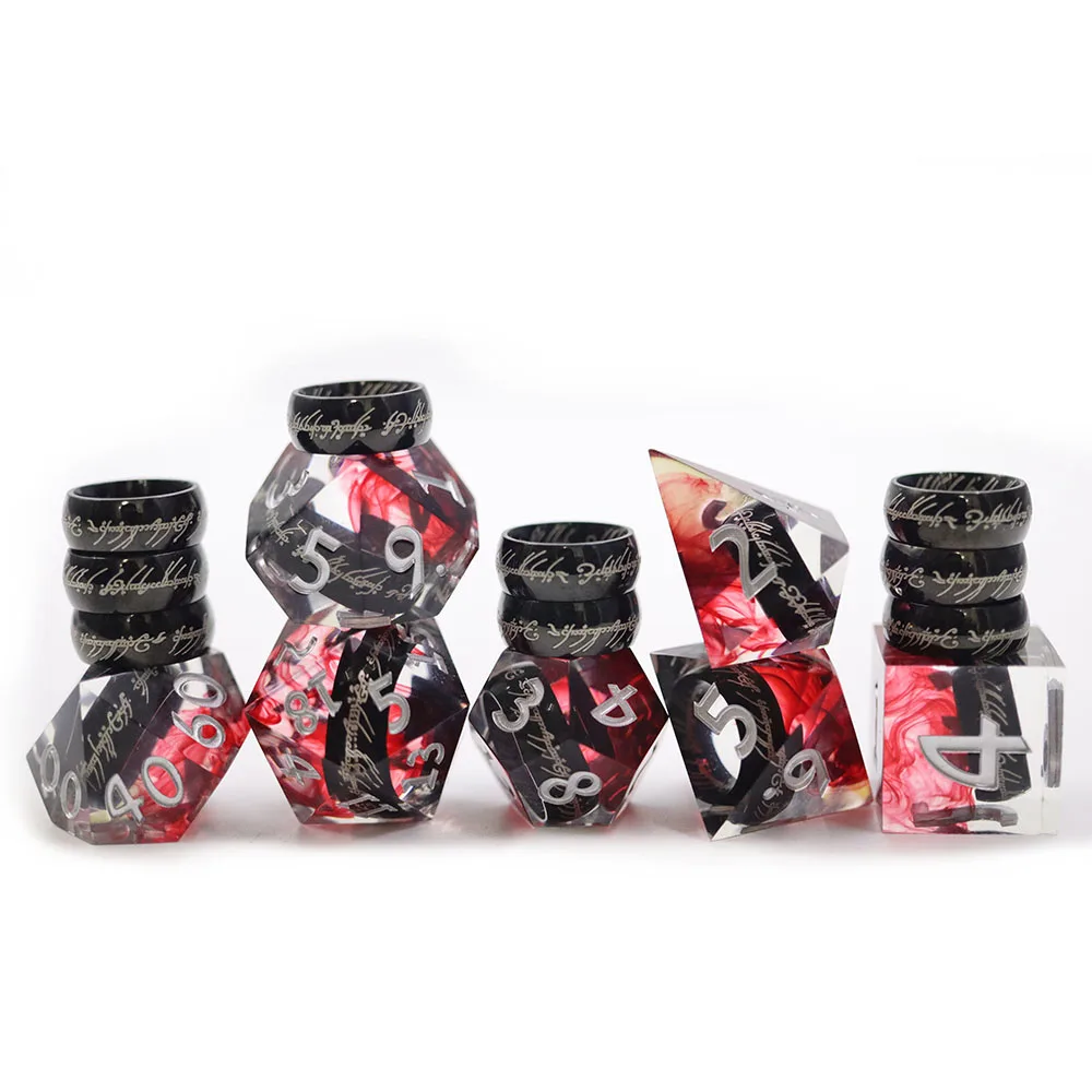 Transparent Sharp Edge Polyhedral Black Lord of the Ring Dice Set 7Pcs DND Game Dice Set With White Numbers