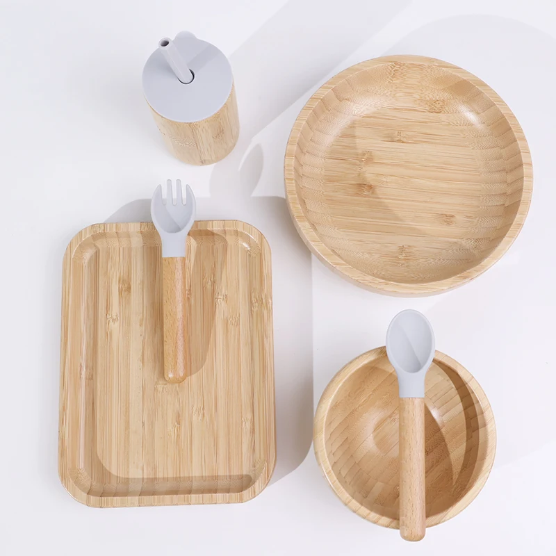 Custom Logo Eco Children Bamboo Tableware Gift Baby Bamboo Feeding Set Baby Dinner Plates Bamboo Cup With Straw Lids For Kids