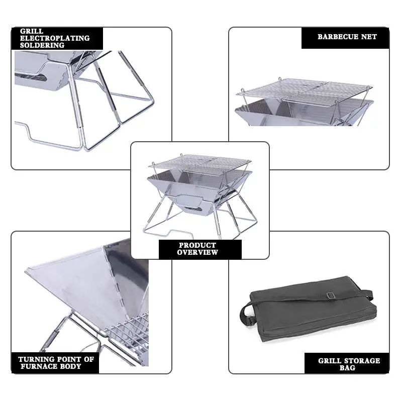 Factory direct sales portable wood burning heating furnace camping stainless steel bonfire rack barbecue furnace
