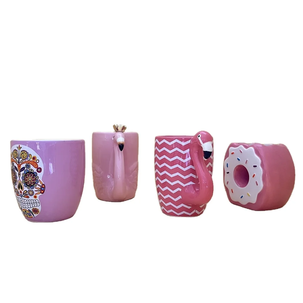 Custom ceramic cute 3d animal face flamingo shaped coffee mugs