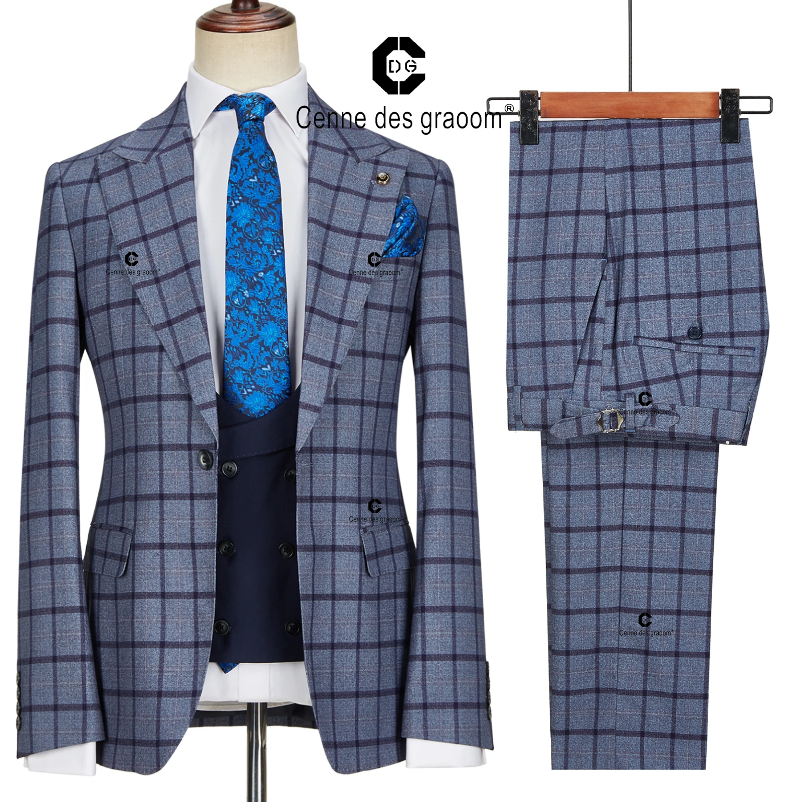 Cenne Des Graoom (Jackets+Vest+Pants) 2022 Men Plaid Business Blazers/Male Slim Fit Pure Cotton Three-Piece Suit/Man Plaid Groom