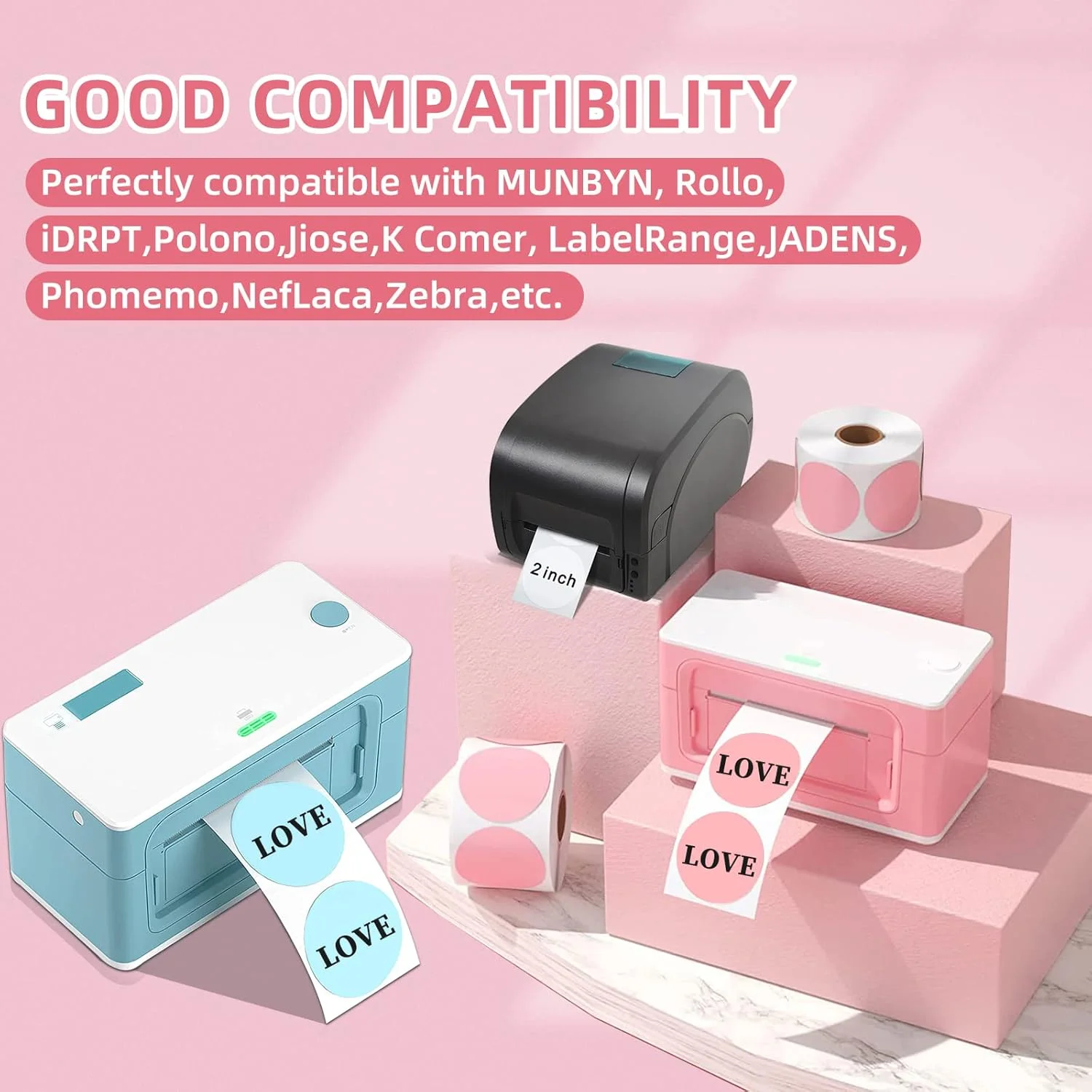 2 Inch Color Circle Thermal Printer Labels Roll,Self Adhesive Round Thermal Sticker Label for DIY Design Name Tags