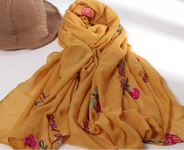 Wholesale New Style High Quality Embroider Rose Flower Scarf Soft Hand-feeling Fabric Long Scarf for Lady
