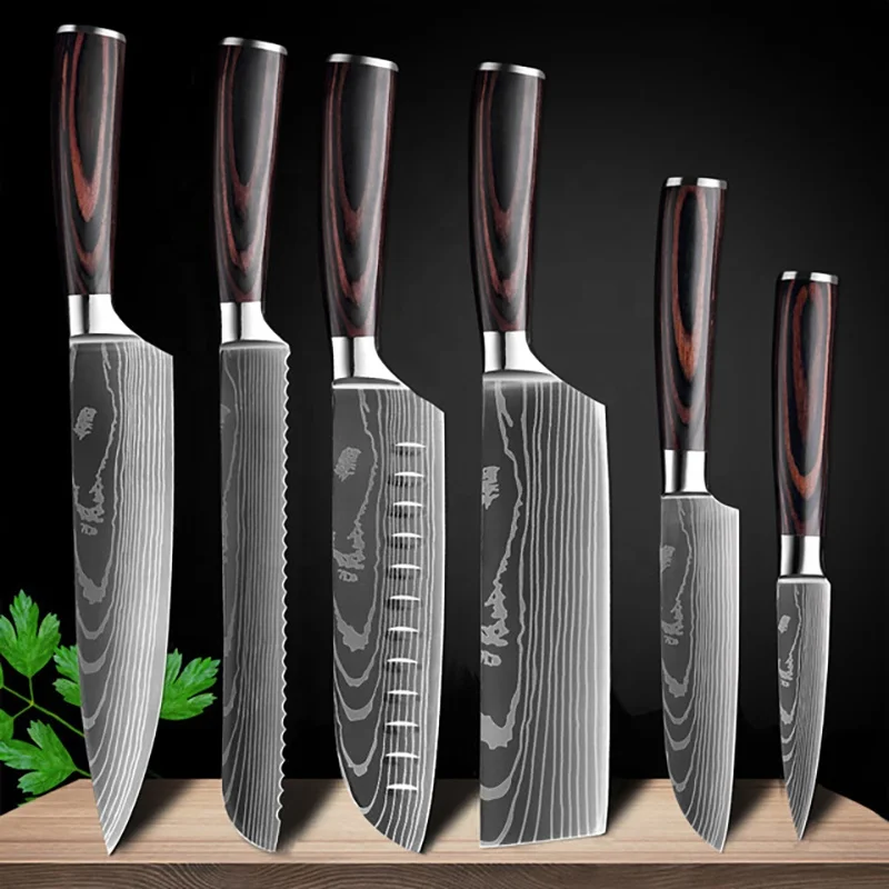 Kitchen accessories 5cr15 stainless steel damascus pattern kitchen chef knife kitchen knives set with colored wood handle