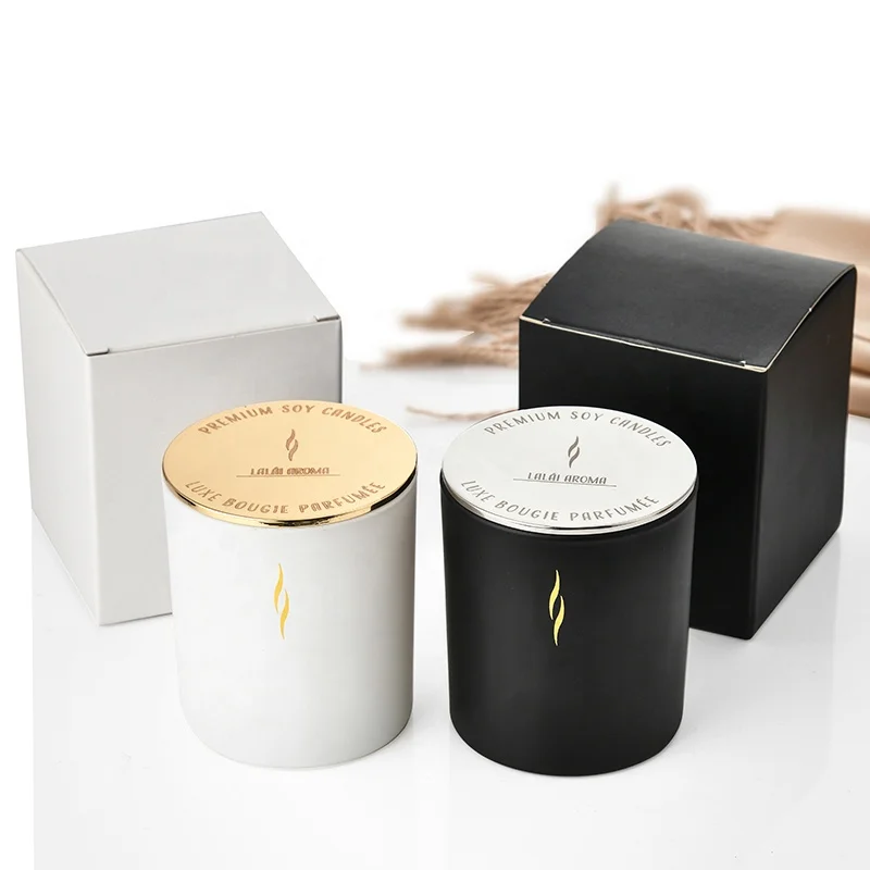 Simple matte white and matte black 6oz 10oz 14oz glass candle jar glass with customized logo and wooden lid