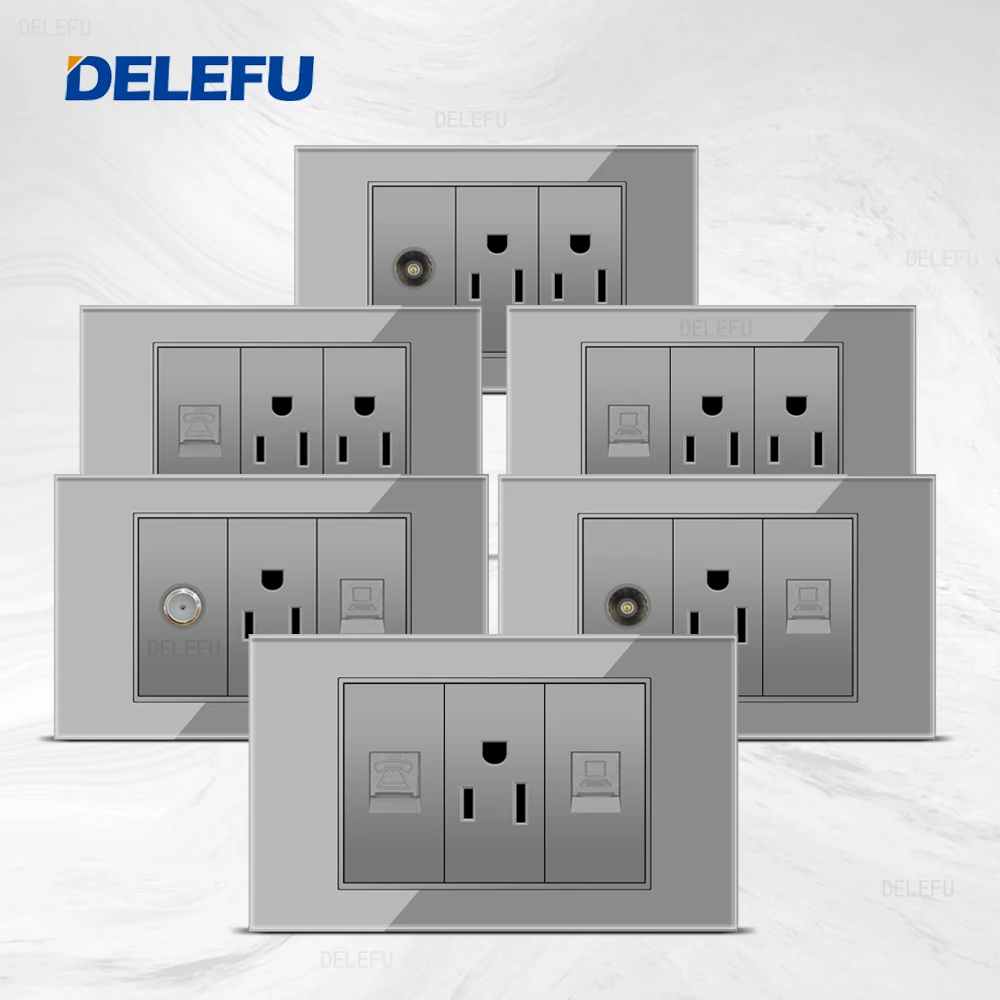 DELEFU glass grey panel American Standard series 118*74mm wall computer combination socket switch