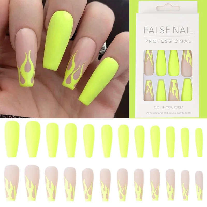 24pcs/Set Detachable Long Coffin Fake Nails European Rainbow Ballerina Full Nail Art Tips Colorful Beauty Artificial False Nails