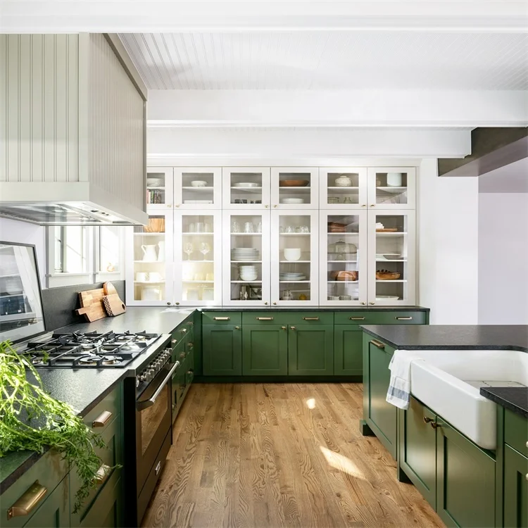 Minimalism style kitchen cabinet white glass wall cabinet olive green base cabinet black marble tops