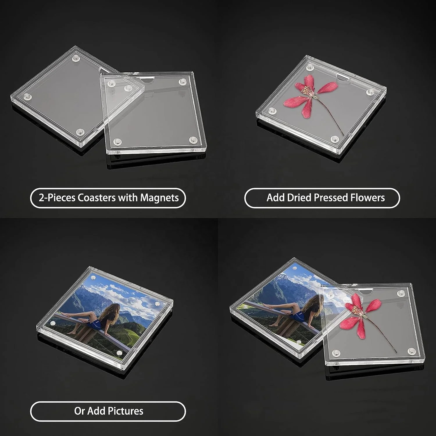 HQ Customized Acrylic Coaster Crystal Photo Frame Coaster DIY Picture cup Coasters set with holder for Coffee Table Restaurant