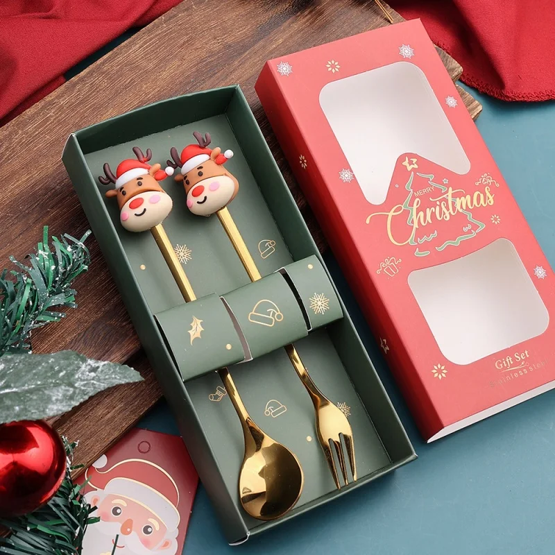 2024 Hot Sale Christmas Elements Dessert Beverage Spoon and Fork Cutlery Set Christmas Stainless Steel Flatware Cutlery Set