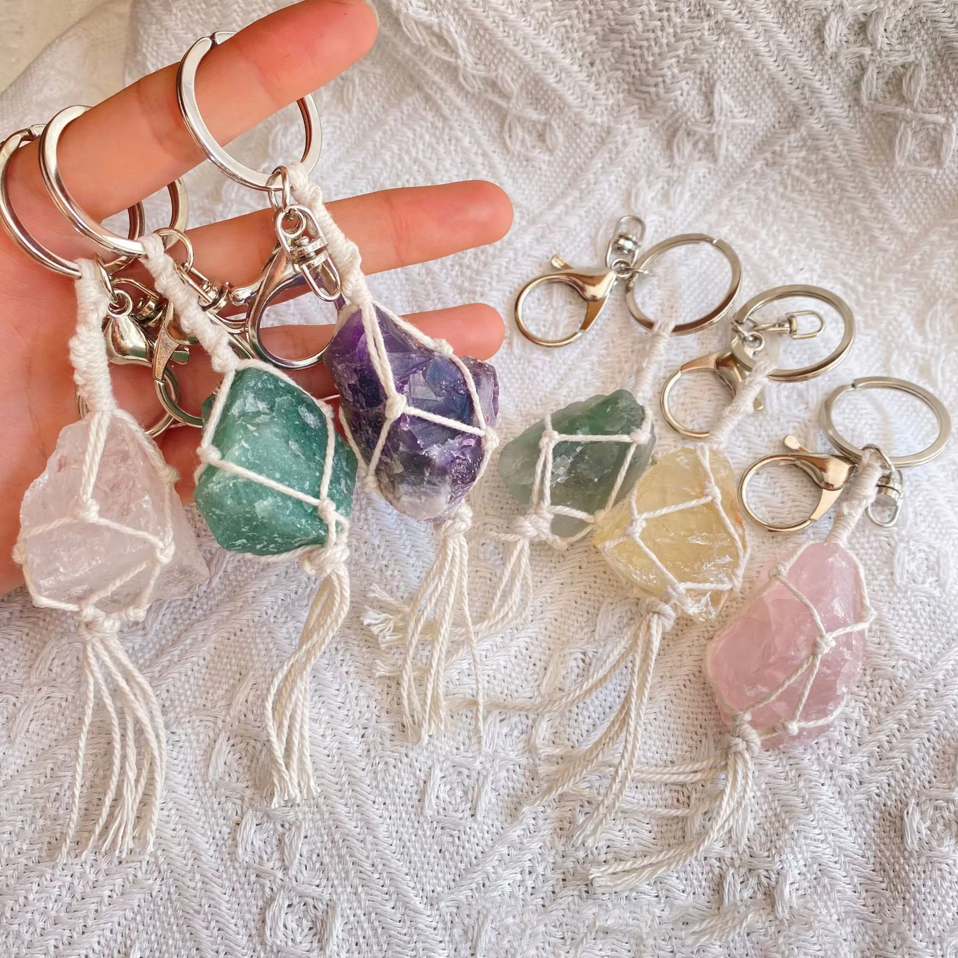 Wholesale Rose Quartz Stone pendent handmade rope tassel natural druzy agate Raw healing Crystal Keychain