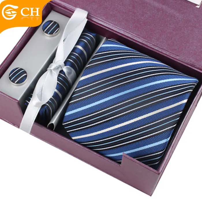 Custom Men Striped  Polyester Tie And Pocket Square Gift Box Set Necktie