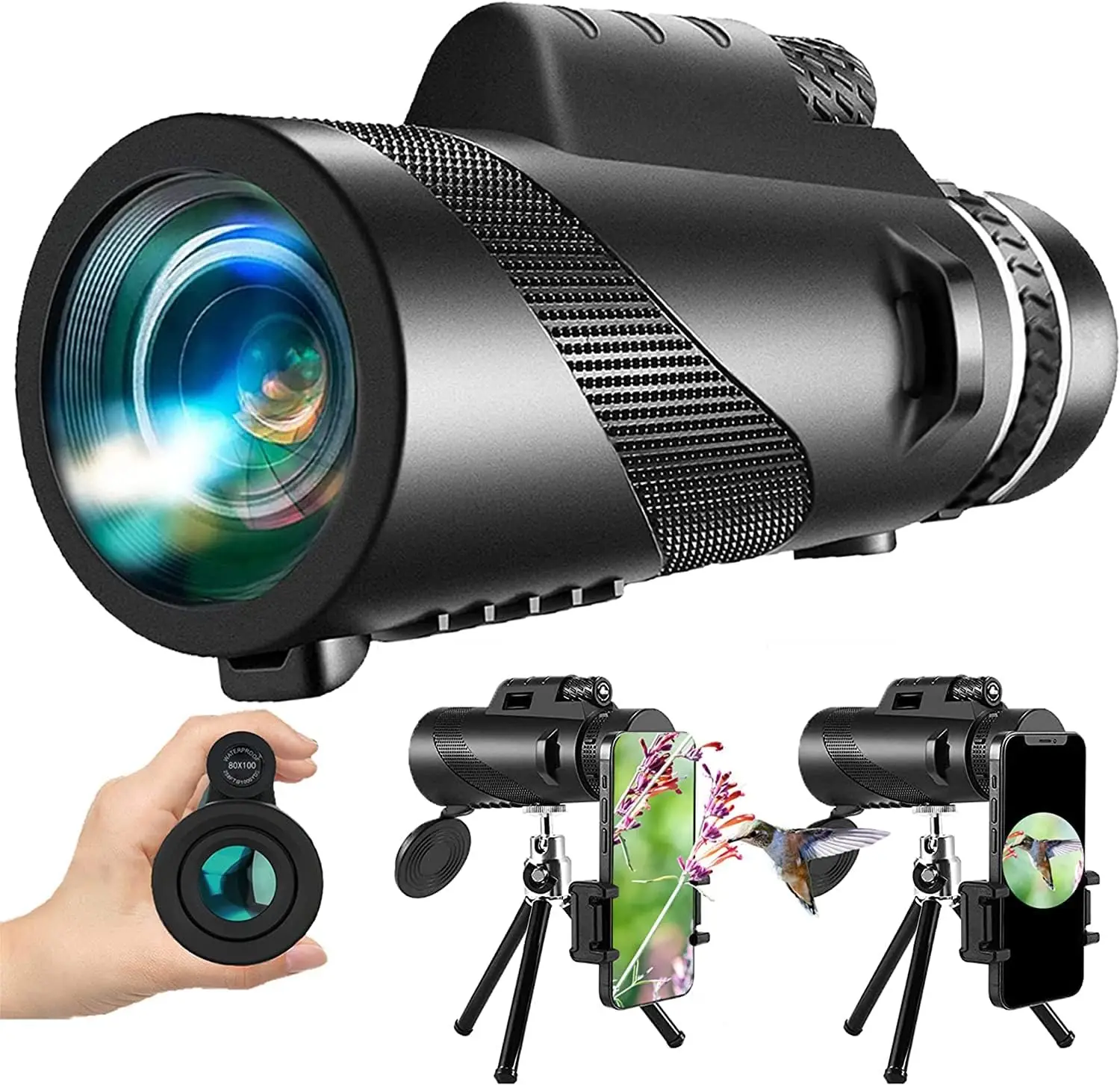 80x100 HD Monocular Telescope High Powered Monocular for Adults with Smartphone Adapter Monocular Scope