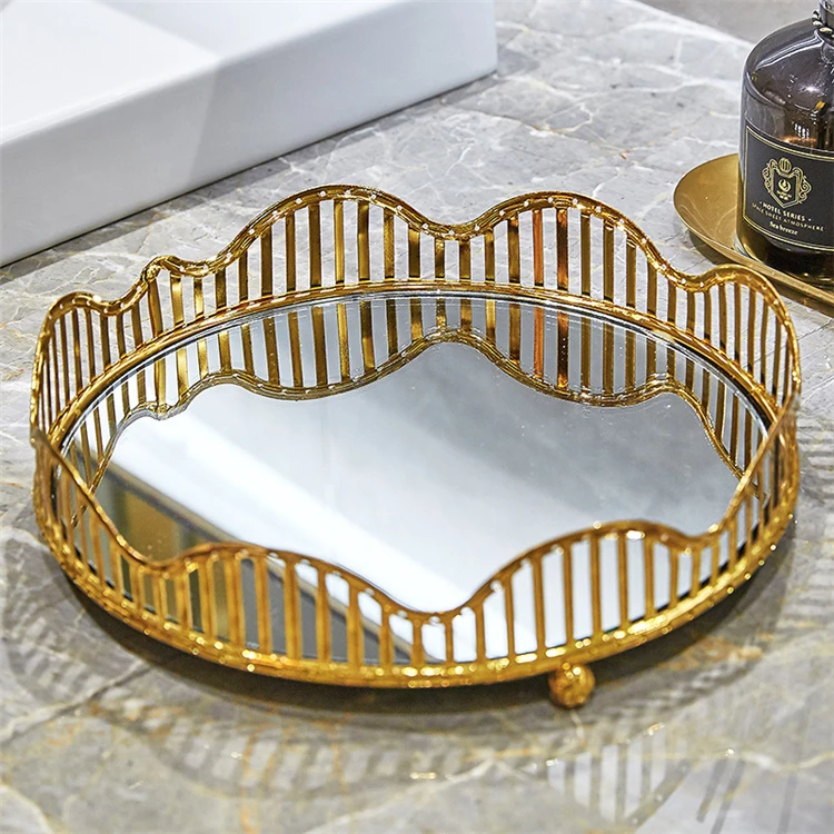 Mirror Tray Table Perfume Vanity Home Decor Round Jewelry Luxury Gold Glass Acrylic Serving Decorative Retro Antique Mirror Tray