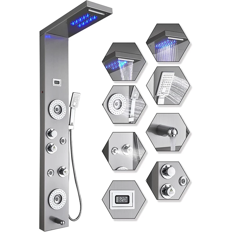 Bathroom Wall Mounted Hot Cold Water Stainless Steel Shower Faucets Waterfall Shower Column LED Shower Panels