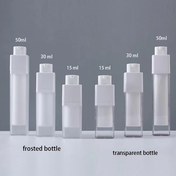 Frosted airless bottles 15ml 30ml 50ml refillable empty square cosmetic lotion pump dispenser travel vacuum airless bottle