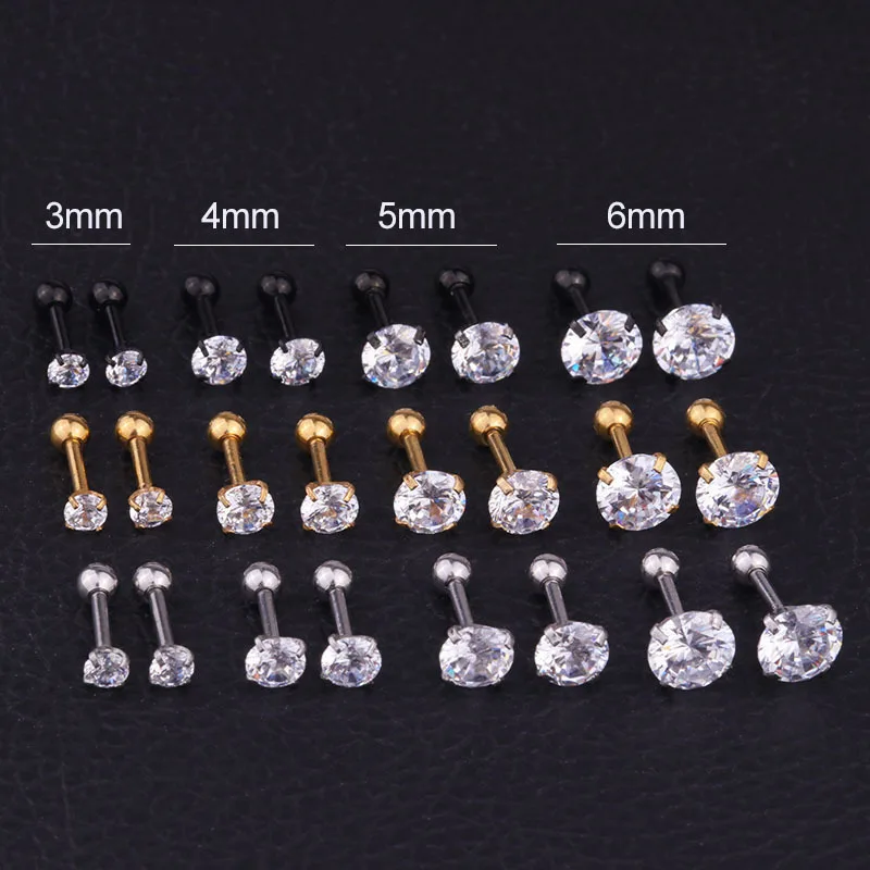 3MM-6MM 16G Stainless Steel Round CZ Stone Ear Tragus Conch Helix Cartilage Piercing Earring Back Screw Back Stud for Women