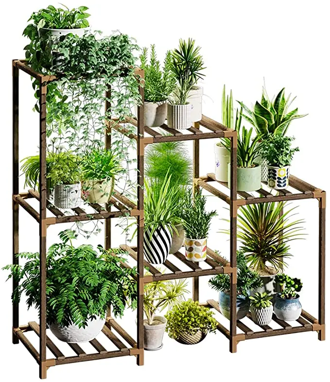 Multi-Tier Wood Plant Stand Indoor Outdoor Ladder Plant Display Shelf 7 Tier Plant Storage Rack Organizer for Patio Garden