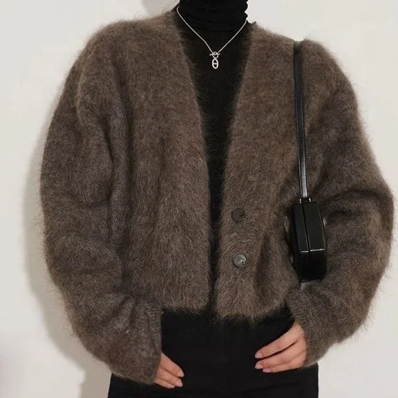 cis Mink cashmere cardigan sweater thick female knit coat jacket for women deep v-neck furry sweater button cardigan