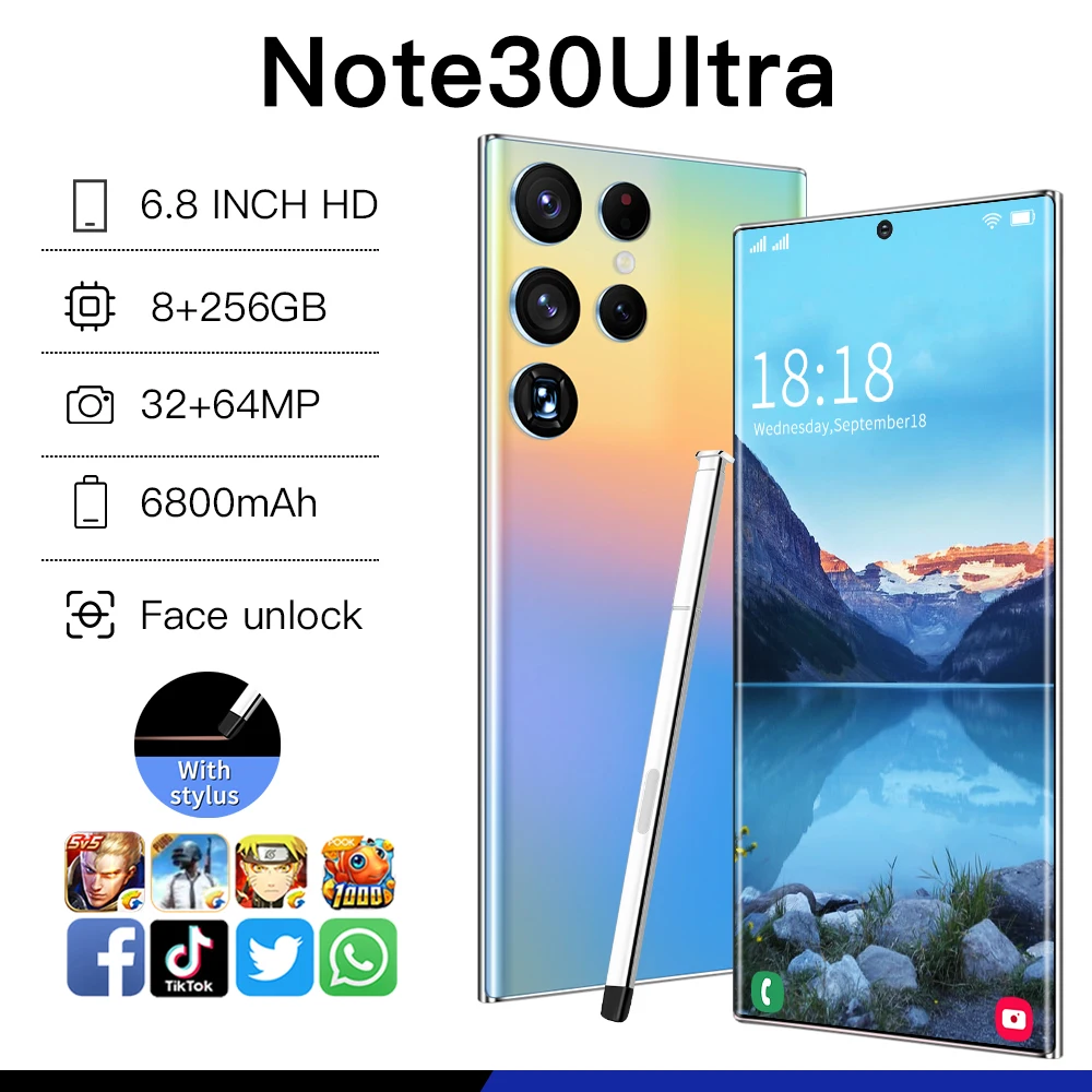Note 30+ Global version unlocked 4G 5G Smartphone 8GB+256GB Mobile Phones Android 11 Large screen Fingerprint mobile phone