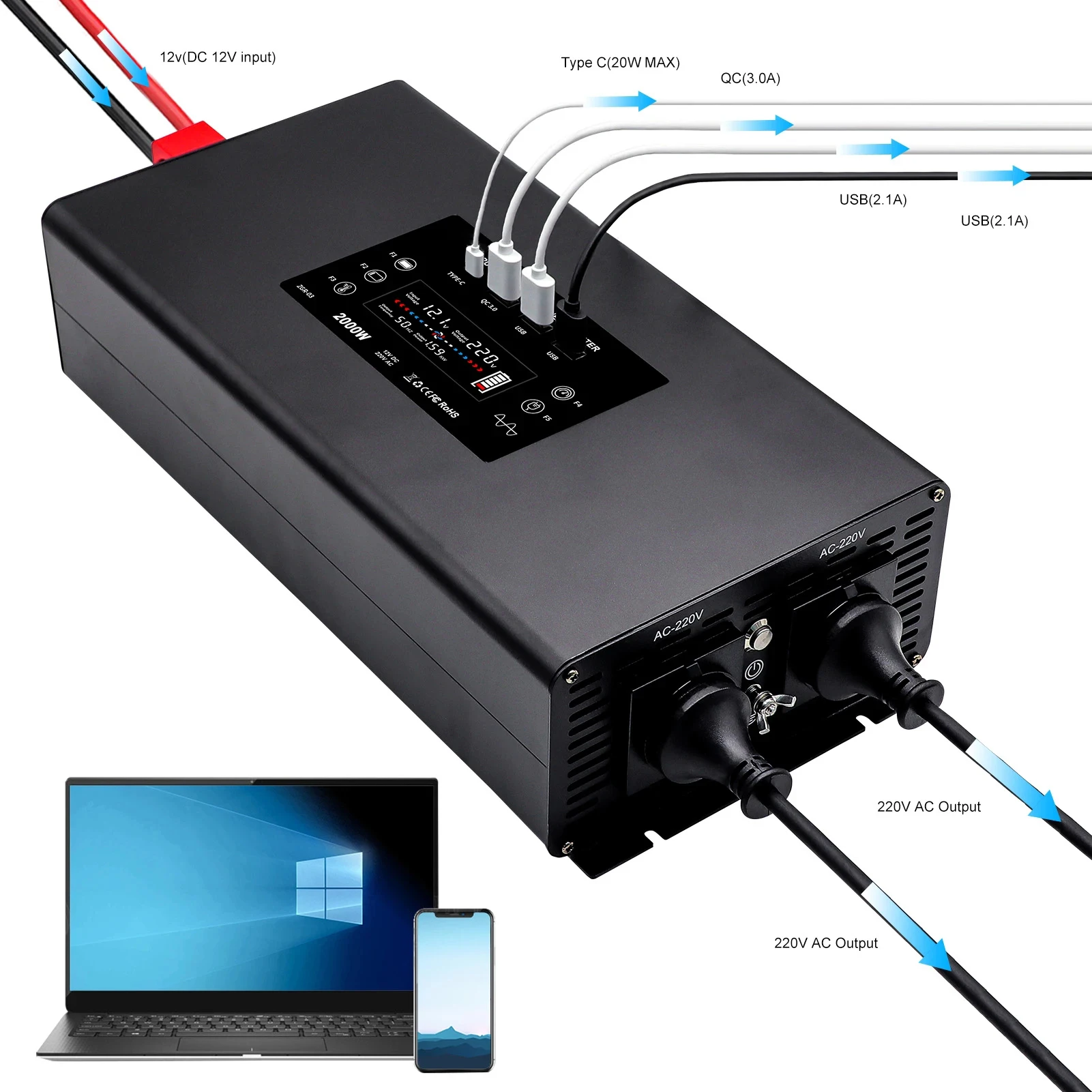 4000W Solar Inverter DC 12V 24V 36V 48V 60V to AC 220V 230V Inverter Continuous Power 2000W Pure Sine Wave Inverter