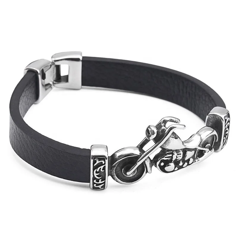 European and American custom cast braided leather titanium steel punk motorcycle stainless steel retro motorbike man bracelet