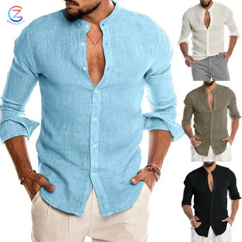 Quick Drying Mens Lone Sleeve Shirt Mature Men Cardigan Flax Plain Dyed Linen Blouse Shirts
