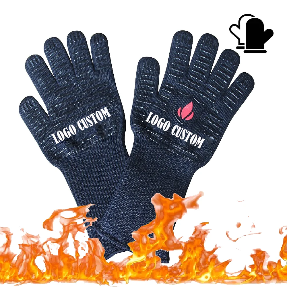 Extreme Heat Resistant Kitchen Cooking Gloves Non-slip Silicone Printed Black BBQ Grill Gloves For Household Kitchen Usage