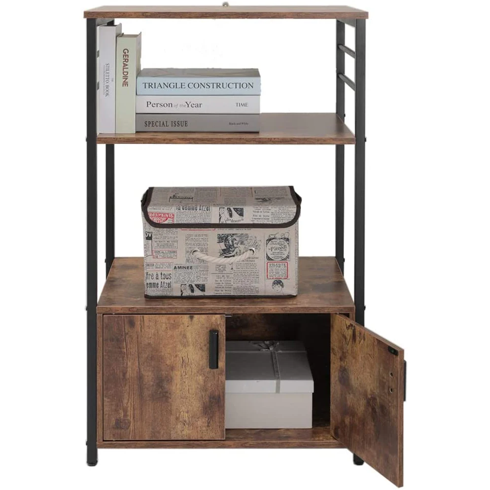 Brown  Rack With 1 Cabinet And 8 S Hooks 3 Tier Industrial Utility Stand Cart Multipurpose Microwave Oven Kitchen Storage Shelf