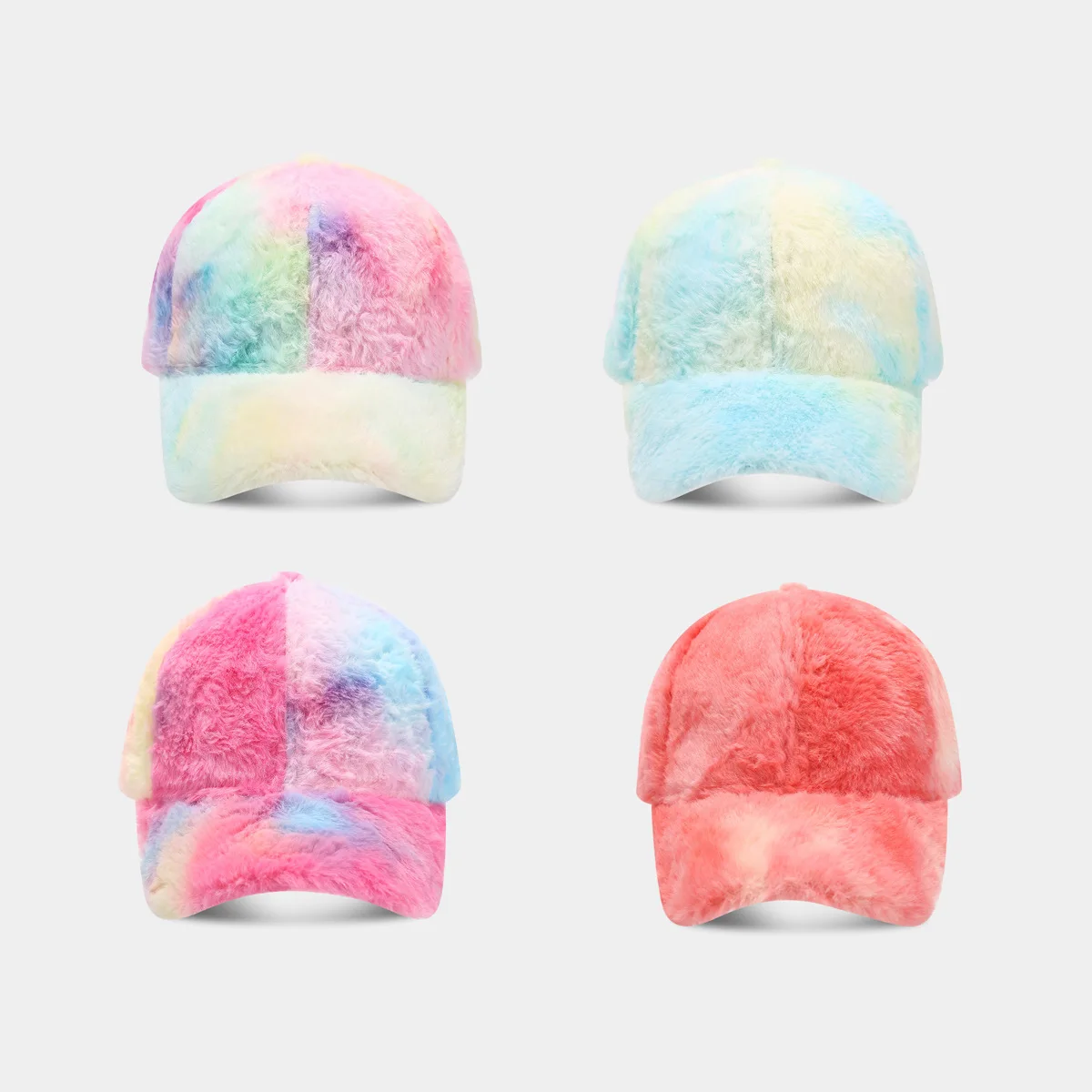 new designer women faux fur winter hats wholesale fashion rainbow color tie-dyed polyester 6-panel baseball cap custom