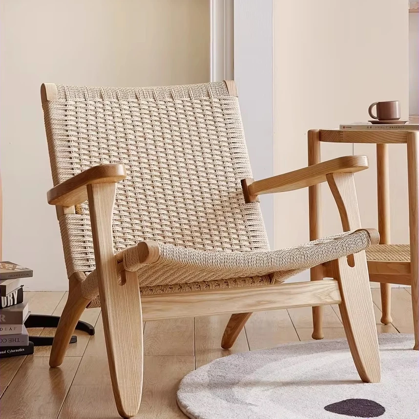 Modern balcony outdoor furniture leisure chair Solid wood pure handmade cowhide paper rope rattan chair