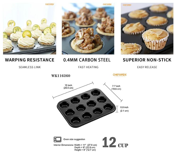 CHEFMADE Baking Tools Non-Stick 12 Cavities Muffin Pan Molds Bakeware Nonstick Muffin Baking Pan 12 Cup Mini Muffin Pan