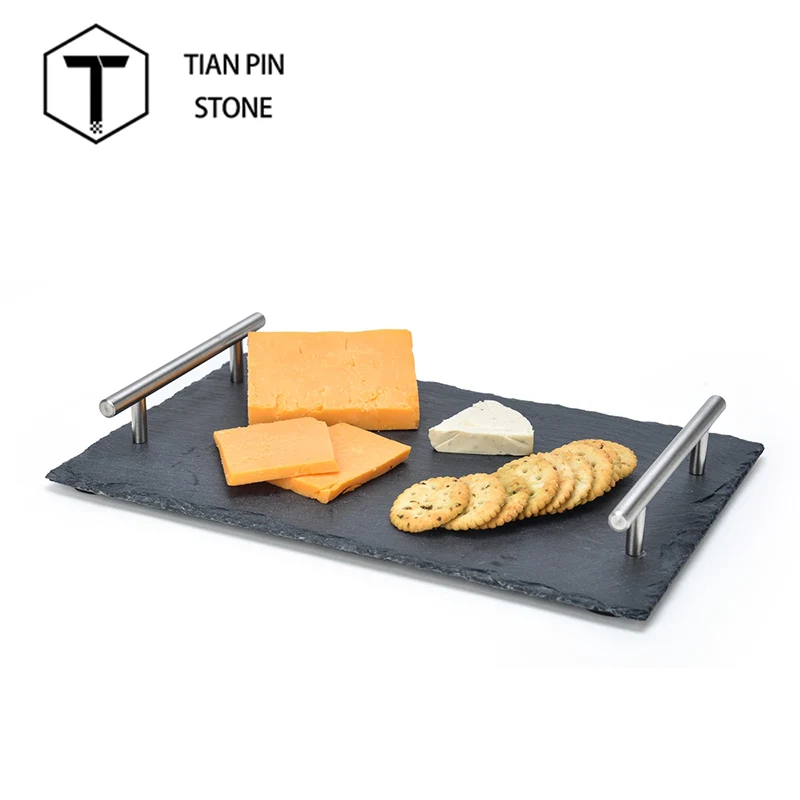 Оптовая продажа, скидка 40x20 см с ручкой, черная тарелка из натурального шифера, тарелка для сыра, сервировочный поднос