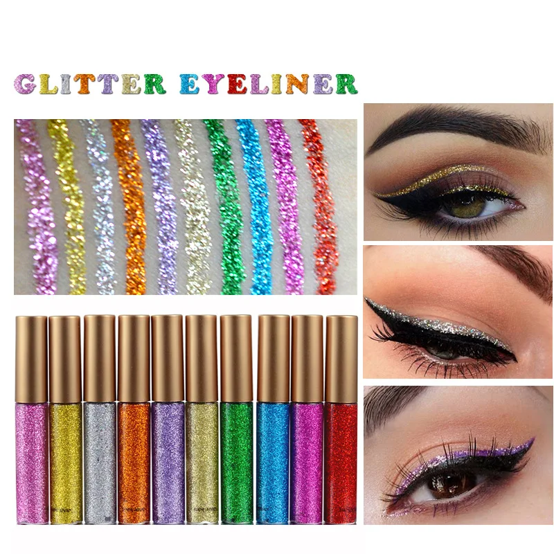 HANDAIYAN 10 Colors European American Shiny Liquid Eyeliner Glitter Sequins Eye Makeup Waterproof Long Lasting Liquid Eyeliner